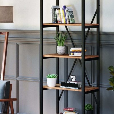 Tinymod 5-Tier Bookcase, Vintage Industrial Wood and Metal Bookshelves for Home and Office Organizer, Atlantic Pine color 70”X 23”