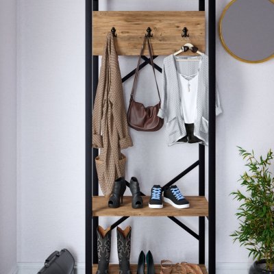 Tinymod Coat Rack, Hall Tree with Shoe Rack for Entryway, 3-in-1 Design, Furniture with Steel Frame,Atlantic Pine with textured surface