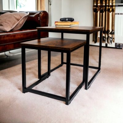 Tinymod Wooden Nesting Side Table with Metal Frame, Set of 2 - Rustic Brown