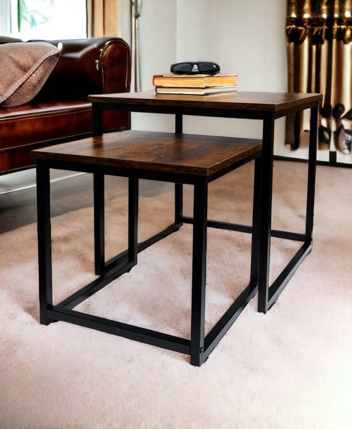 Tinymod Wooden Nesting Side Table with Metal Frame, Set of 2 - Rustic Brown